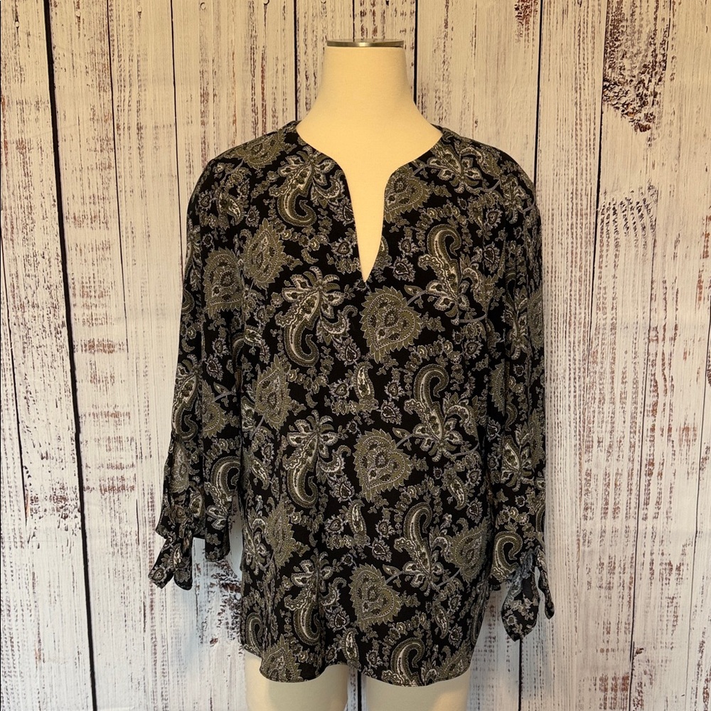 Michael Kors Black &‎ Olive Green Paisley Blouse